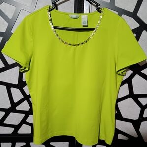 Laura Ashley - Embellished Scoop-Neck Short Sleeve Shirt - Green - L